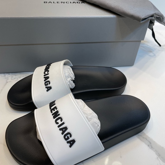 BALENCIAGA Women's Birublo Bicolor Logo Pool Slide Sandals 5 B/35 EU - Picture 13 of 14